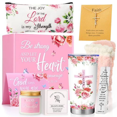 Hushee Christian Gifts Set for Women Religious Birthday Gifts Basket Box Faith Spiritual Inspirational Catholic Gift Bible Verse Tumbler Makeup Bag Candle for Valentines Mother's Day Teacher Nurse
