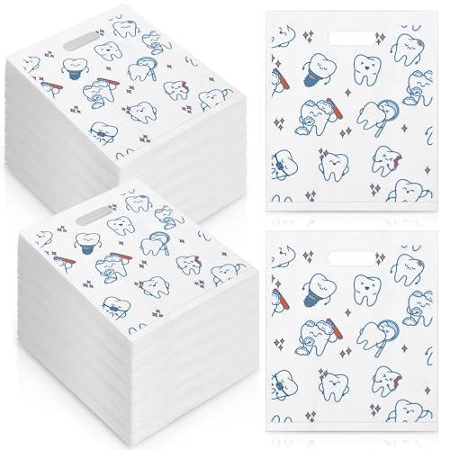 Image of Jetec 200 Pcs Dental Bag Bulk Tooth Merchandise Goodie Bag with Handles Plastic Tooth Dental Gift for Dentist Hygienist Appreciation Packaging Souvenir Gift Retail Party Favor 8.18 x 9.25 Inch(Lovely)