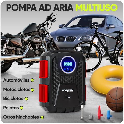 FORTEM Inflador de Ruedas de Coche, Compresor de Aire - Compresor de Aire Portátil para Ruedas de 12 V con Luz LED - Manómetro Digital, Autobombeo, Parada Automática - Bolsa de Transporte (Rojo) - imagen 7