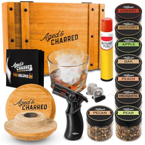 Whiskey Cocktail Smoker Kit with Torch & 8 Flavors Wood Chips - Premium USA Oak Smoker - Old Fashioned Smoker Kit - Bourbon Gifts for Men (with Butane)