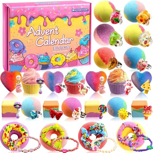 Bath Bombs Advent Calendar 2025 Kids with Surprise Toys Inside 24 Days of Christmas Countdown Calendar Donut Cupcake Bath Bombs Set Birthday Christmas Gifts for Kids Girls