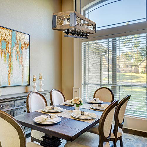 LALUZ Farmhouse Chandelier, 5-Light Kitchen Island Lighting with Clear Glass, Wood and Black Finish, 32 Inches - Image 4