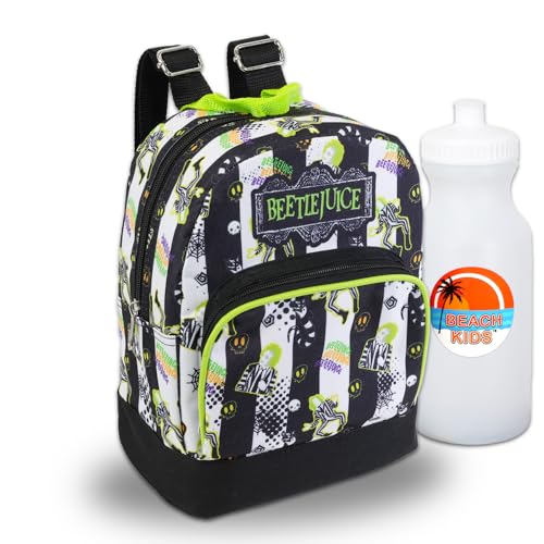 WARNER BROS PICTURES Beetlejuice Mini Backpack Bundle - 10” Canvas Beetlejuice Backpack with Front Pocket and Bottle | Beetlejuice Backpack Purse Set for Girls
