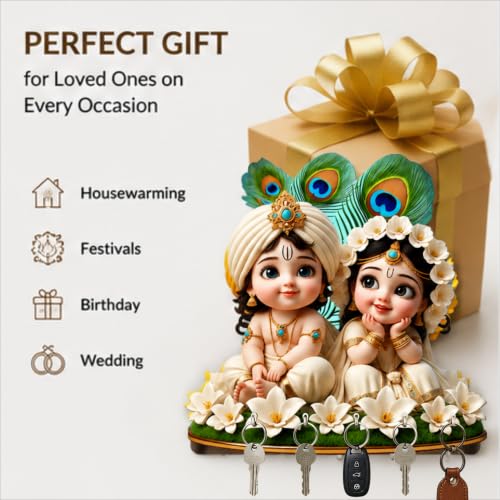 Image of Radha Krishna Wall Key Holder with 5 Hooks, Decorative Wooden Key Hanger for Home Entrance, Living Room & Pooja Room, Devotional Home Decor & Gifting