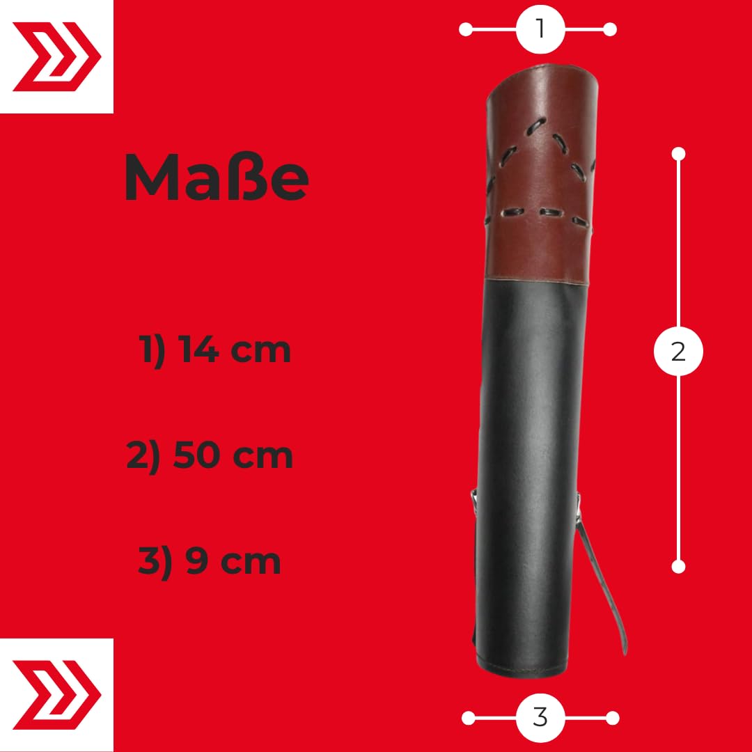 elToro Rückenköcher aus schwarzem Echtleder mit Musterstickung | verstellbarem Dreipunkt-Tragegurt, 50 cm lang, Öffnung 14 cm, Köcher für Pfeile, Bogenschießen, Recurve- und Langbogen