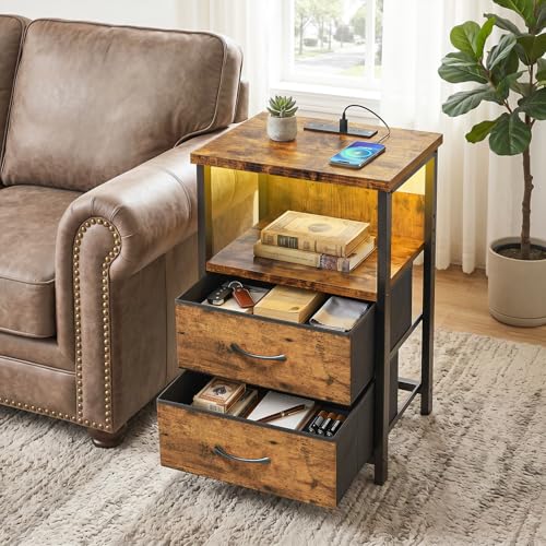 Image of Fixwal Night Stand with Charging Station, LED Nightstand with U-S-B Ports and Outlets, 2 Fabric Storage Drawers with PU Finish, Bedside Table, Rustic Brown