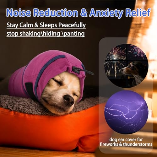 Image of MIGOHI Small Dog Ear Muffs for Noise Anxiety, Soft Calming Hoodie for Fireworks & Thunderstorms, No Shake Ear Wrap Dog Hematoma, Adjustable Head Cover for Dogs Bath Grooming,Chihuahua Yorkie,Purple S