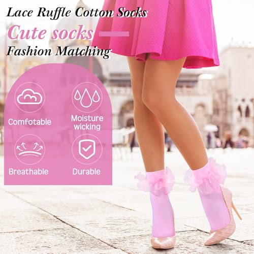 Image of Geyoga 3 Pairs Women Big Ruffle Socks Turn Cuff, Double Lace Ankle Cotton Frilly Socks for Ladies Summer