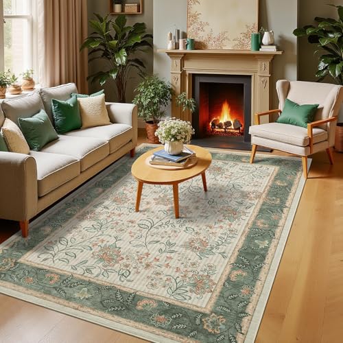 GarveeHome 5x7 Christmas Area Rug Sage Green Washable Rugs for Living Room Bedroom, Soft Low Pile Non Slip French Country Floor Mat Botanical Floral Print Throw Rug Indoor Carpet Dining Room Playroom