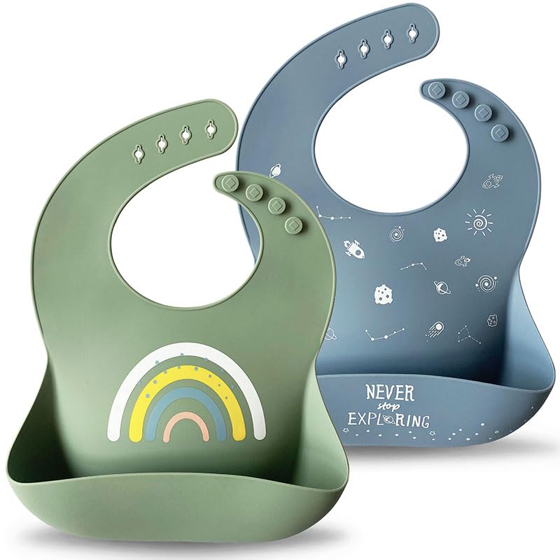 Image of Moonkie Silicone Baby Bibs Set of 2, BPA Free Waterproof Baby Bibs for Eating, Soft Adjustable Silicone Bibs for Babies 6-12 Months, Toddler Bibs with Large Pocket Food Catcher (Tradewinds/Sage)