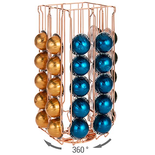 Mygift Stainless Steel Copper Metal Coffee Pod Holder Storage Organizer Stand With 360 Degree Rotating Carousel With Sleeve Storage Compartment, Compatible With Nespresso Vertuo Capsule #TOP6