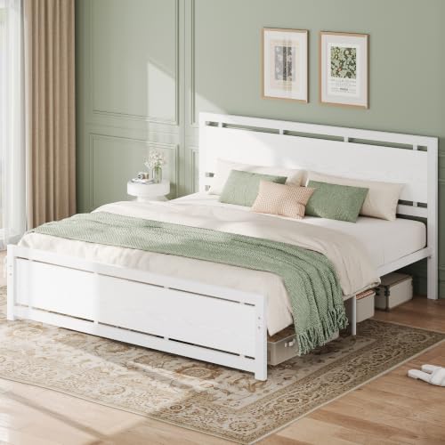 Image of LIKIMIO King Bed Frame with Headboard and Footboard, Metal Strong Supports, Easy Assembly, Noise-Free, No Box Spring Needed, White