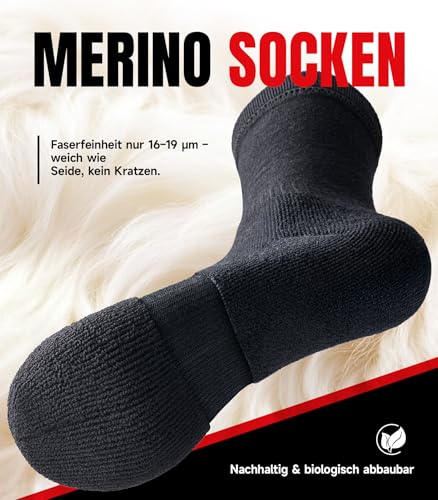 PULIOU Merino Socken Herren Damen Thermosocken Wandersocken Outdoor & Trekking-Socken, Anti-Blasen, Gepolstert Arbeitssocken Wintersocken，Schwarz 43-46