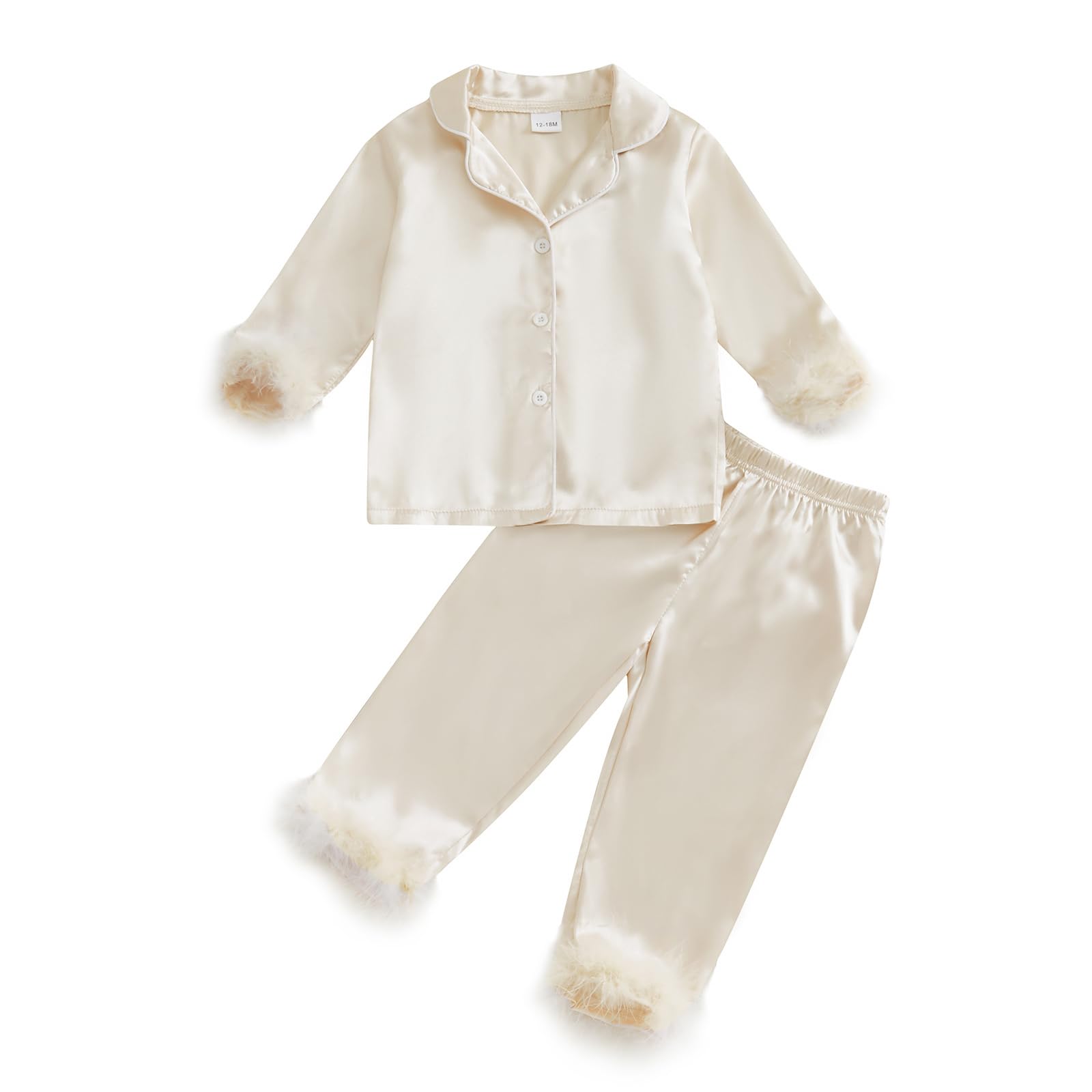 MAINESAKA Toddler Baby Girl Satin Pajamas Set Feather Trim Long Sleeve Button Down Tops Long Pants 2Pcs Pjs Sleepwear Outfits (A-Apricot, 18-24 Months)