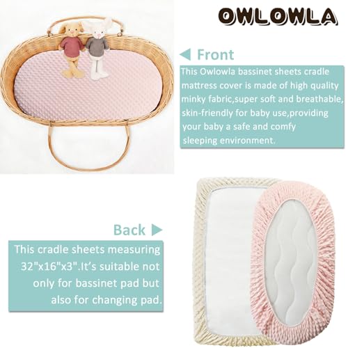 Image of Owlowla Bassinet Sheet Set,Ultra Soft Minky Cradle Sheets Universal Fitted Bassinet Pad /Mattress for Baby Boys Girls(Cream /Pink)
