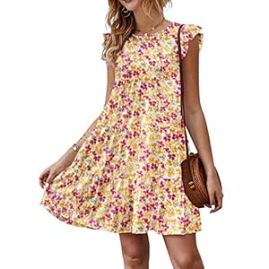 KIRUNDO Women’s Summer Dresses Sleeveless Ruffle Sleeve Round Neck Solid Loose Short Flowy Pleated Mini Babydoll Dress