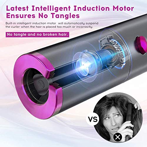 AMZGIRL Cordless Auto Curler, Automatic Curling Iron, Rechargeable Auto Ceramic Barrel Hair Waves Curler with 6 Temperature & Timer Settings, Auto Shut-Off Portable Curling Wand for Hair Styling (Pink)
