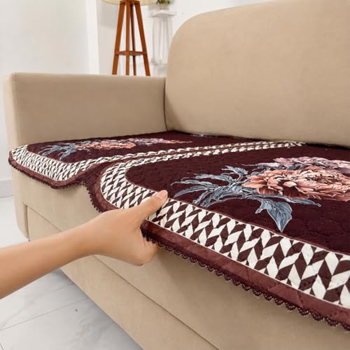 Image of Homerz 'Brooklyn Series' Premium Sofa Cover | Quilted Floral Design | Non-Slip Washable Sofa Protector | Soft Anti Slip Fabric (Ny Brown, 7 (3+2+2) Seater, Only Seat Cover)