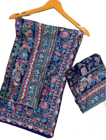 Image of Women's Chinon Silk Saree with Printed Design, Mirror Work & Zari Woven Detailing | Ethnic Wear Saree with Unstitched Blouse Piece | Traditional Festive & WeddingWear