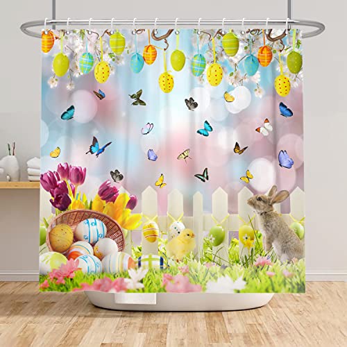 SDOTPMT 41x63inch Easter Shower Curtain Glitter Bokeh Spring Flora Garden Fence Green Grass Colorful Eggs Butterfly Cute Rabbit Chick Bathroom Curtain for Festival Bathtubs Decor with Hooks