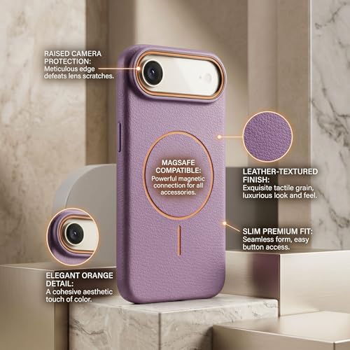 Image of amazon basics Luxury MagSafe Compatible Leather Texture Back Cover for iPhone 17 Air | Raised Camera Protection | Slim Fit Shockproof Case with Metallic Accents (Purple)