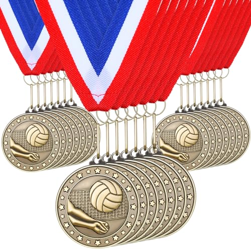 Remuuly 30 Pcs Gold Medals Bulk 2 Basketball Soccer Baseball Volleyball Football Lacrosse Kickball Cheer Bowling Trophy Medals for Awards for Sports Participation Winner Gift(Gold Volleyball)