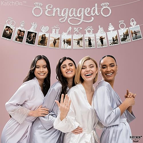 Image of KatchOn, Silver Glitter Engaged Photo Banner - 2 String, 10 Feet, No DIY | Silver Engagement Party Decorations | Engagement Photo Banner for Bachelorette Party Decorations | She Said Yes Decorations
