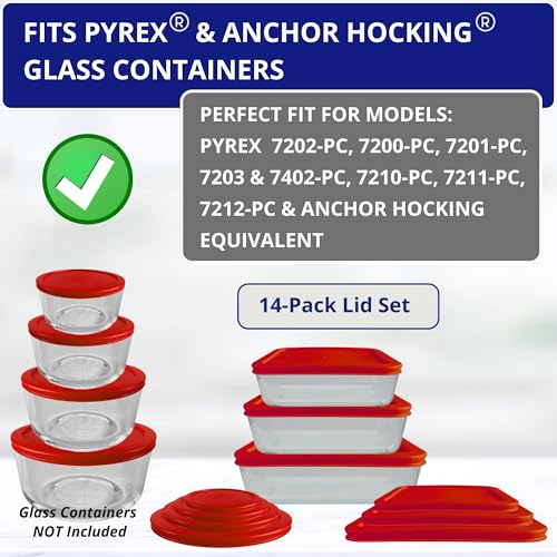 1, 2, 4 & 7 Cup Red Round & 3, 6, 11 Cup Red Rectangle Replacement Lids/Covers for Pyrex, Anchor Hocking & KlareWare Storage Bowls *Lids Only -Glass Container Not Included*, 14 Pack *2 of Each Size* by Klare Ware - Image 4