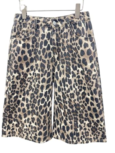 Women's Leopard Print Wide Leg Capri Jeans Boyfriend Straight Denim Pants Y2k Baggy Crop Pants4