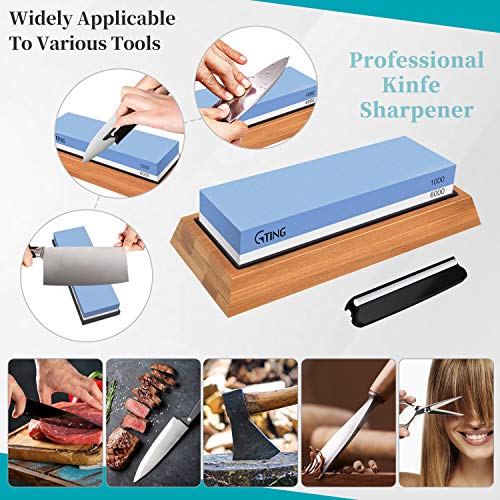 Whetstone Knife Sharpening Stone Set,G-TING 1000/6000 Grit Whetstone Sharpener Includes Non-Slip Angle Guide,Polishing Tool, Bamboo Base for Kitchen,Pocket Knives,Blades,Hunting