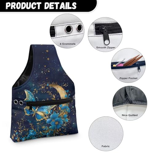 Image of ZUXONGSYBlue Moon Yarn Bags for Knitting Butterfly Yarn Tote Bag for Women Floral Portable Knitting Project HanbBag for Crochet Hooks