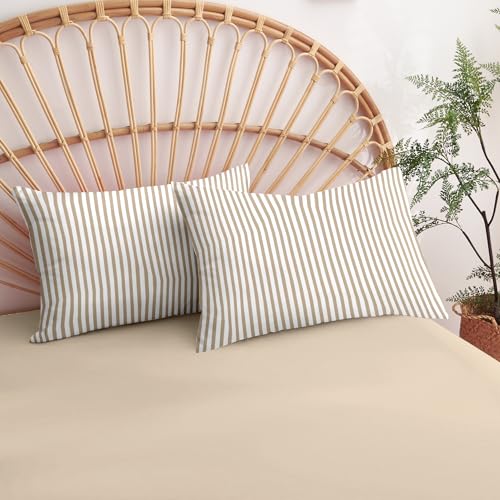 Image of Nayoroom Tan Striped Duvet Cover Queen Size Light Brown Stripe Duvet Cover Dorm Bedding Set 3 Pieces Soft Lightweight Washed Microfiber Farmhouse Bedding Set Gifts for Women Men