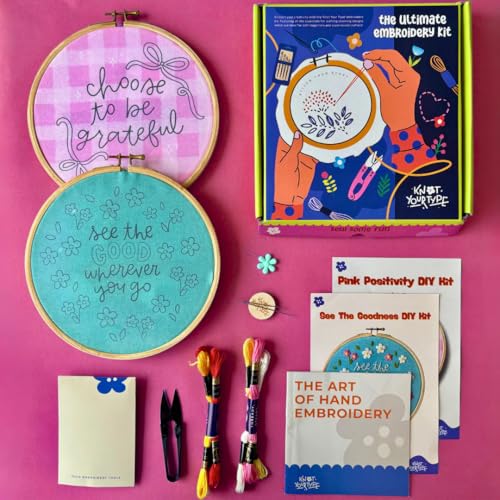 Image of KNOT YOUR TYPE The Kindness Quote DIY Embroidery Kit for Beginners | Hand Embroidery Kit with Complete Stitching Materials | Creative Art & Craft Gift Set for Adults | Bundle of 2