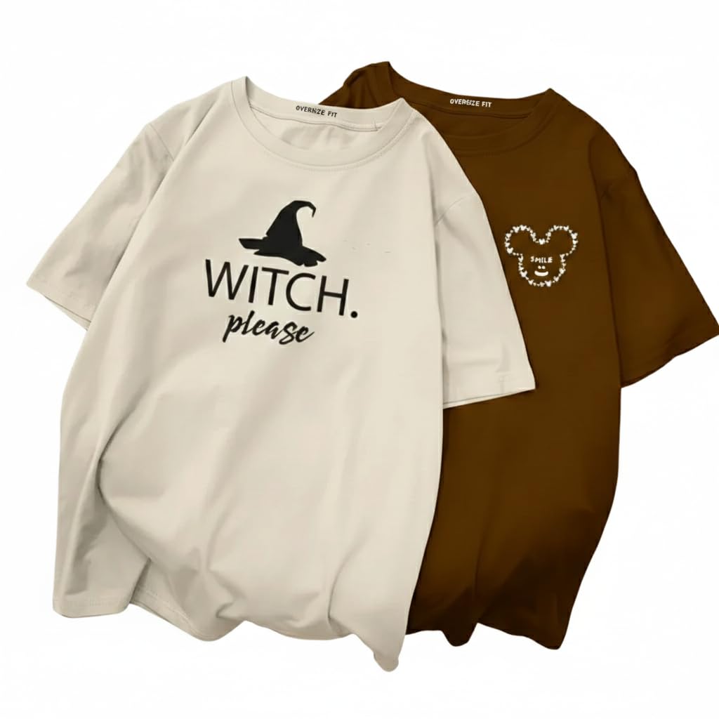 Cotton Blend Drop Shoulder Oversized Baggy Fit Half Sleeve Printed Solid Round Neck T-Shirts Combo for Women & Girls | Pair of 2 T-Shirts |-image-24