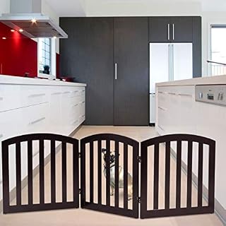 GYMAX Foldable Pet Fence, Freestanding Dog Gate with Wooden Frame and Metal Hinges, Safety Indoor Barrier for Kitchen, Doorway and Stairs