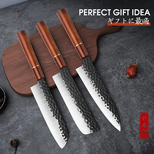 Huusk Japan Knife, 7 Inch Santoku Kitchen Knife, Professional Japanese Chefs Knife Hand Forged High Carbon Steel Sharp Chopping Knife, Ergonomic Rosewood Handle, for Meat, Fish, Gift for Dad - Thumbnail 7