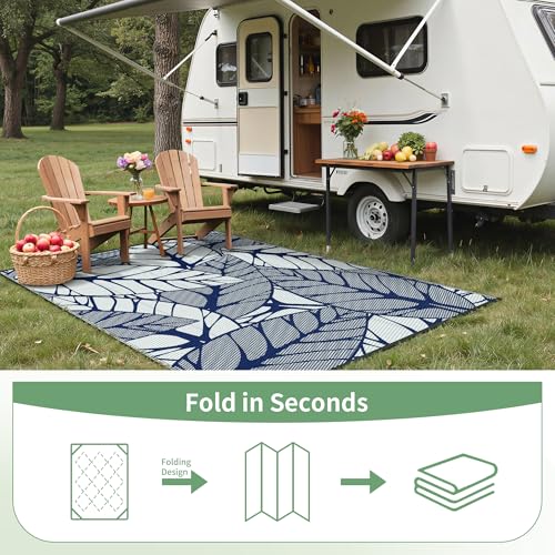 Image of GENIMO Outdoor Rug, Waterproof Plastic Rugs for Patio, 6'x9' Azure White | Outside Larger Leaf Carpet Mat for Porch Decor, Deck, Balcony, Camping, RV, Backyard, Picnic, Beach, Reversible, Foldable