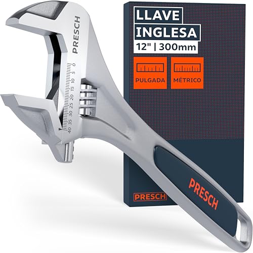 PRESCH Llave ajustable 300mm - Escala grabada con láser de 40mm (métrica y pulgadas) - Fresado de precisión para un agarre óptimo - Llave inglesa robusta - Herramienta de alta gama