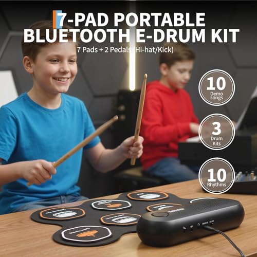 Image of Wireless Electronic Drum Set with 7 Pads, Portable Roll-Up Practice Kit for Kids & Beginners , Built-in Speaker, LED Lights, Recording & Headphone Output ,Includes Kick Pedal, Drum Sticks