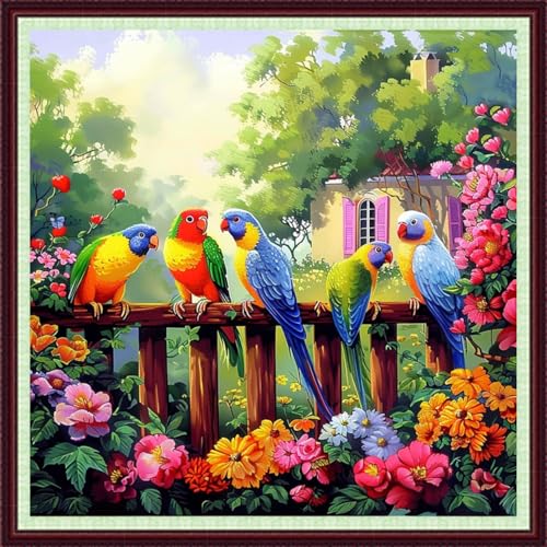 Image of Dooxvey Cross Stitch Kits for Adults Beginners,Full Range of Cross-Stitch Stamped Kits Needlepoint Kits for Beginners Embroidery Kits 11CT Cross Stitch Patterns-Colorful Birds and Flowers 18x18 inch