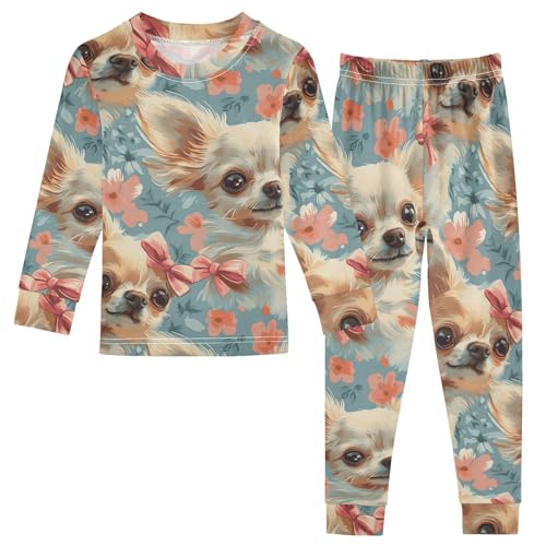 Pajama Sets Long Sleeve Floral Pattern with Puppies Soft Comfy Sleepwear 2 Piece PJS 3-8T