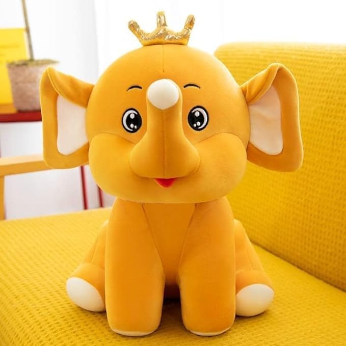 Image of Lovely Elephant with Crown Super Soft Stuffed Plush Toy Cartoon Characters Kids Favorite Ellie Soft Toy Animal Smile Home Decoration Item 35 cm