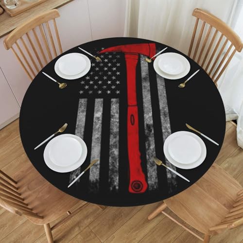 Fitted Table Covers For Round Tables Firefighter Axe Red Line Flag Elastic Table Cloth 54/138 Cm Washable Wipeable Polyester Tablecloths For Kitchen Dining Party Holiday (Fit 45'' - 50'' Round Table)