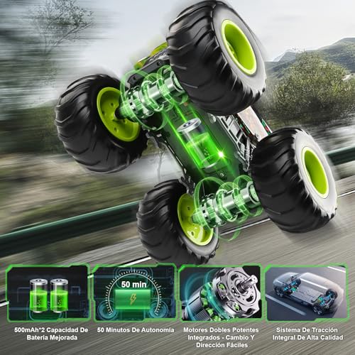 IEEILULU Monster Truck Teledirigido, Coche Teledirigido con Luz LED 2,4 GHz Vehículo Anfibio Coche RC 4WD Giro de 360° Marcha Vertical Coches Teledirigidos Todoterreno para 3+ Niños (Verde) - imagen 3