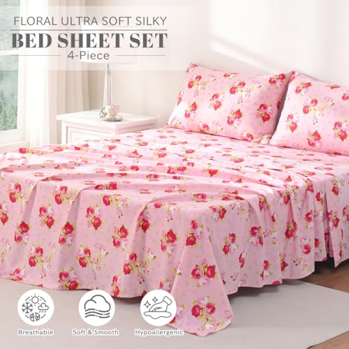Bedlifes Twin Sheet Set Ultra Soft, Breathable, Silky Flower Deep Pocket 100% Microfiber Bedding, 3 Piece Twin Size Pink Floral(Red Rose)