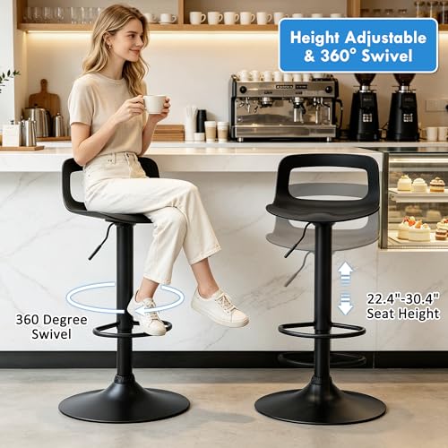 Butacos de bar ajustables en altura, giratorios 360° con respaldo y reposapiés, estilo moderno, para isla de cocina o bar en casa, color negro, juego de 4 miniatura 4