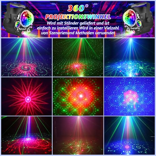 4 in 1 Discolicht Partylicht mit Fernbedienung, 75 Muster Effekte, RGB, UV, Strobe LED Sound Control, Musikgesteuert Discolicht, DJ Partylicht Discokugel für Party Fest Klub Halloween Weihnachten