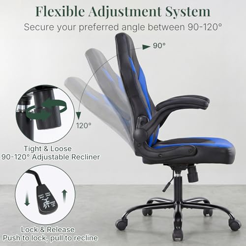 Image of Ergonomic Computer Gaming Chair - Home Office Desk with PU Leather Lumbar Support, Adjustable Big and Tall Video Game with Flip-up Armrest, Swivel Wheels for Adults and Teens,Black Blue