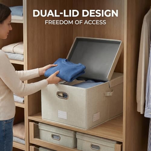 Image of PRANDOM Storage Bins with Lids [3-Pack] Linen Fabric Foldable Storage Boxes Organizer Containers Baskets Cube with Cover for Bedroom Closet Office Beige (23.4X15.9X11.4)