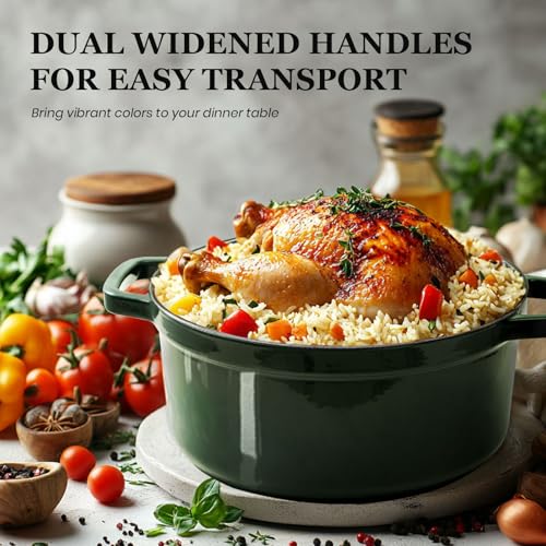 Overmont Forno olandese in ghisa smaltata – Pentola con coperchio, libro di cucina e presine in cotone, resistente per brasare, stufare, arrostire, cuocere il pane - immagine 4